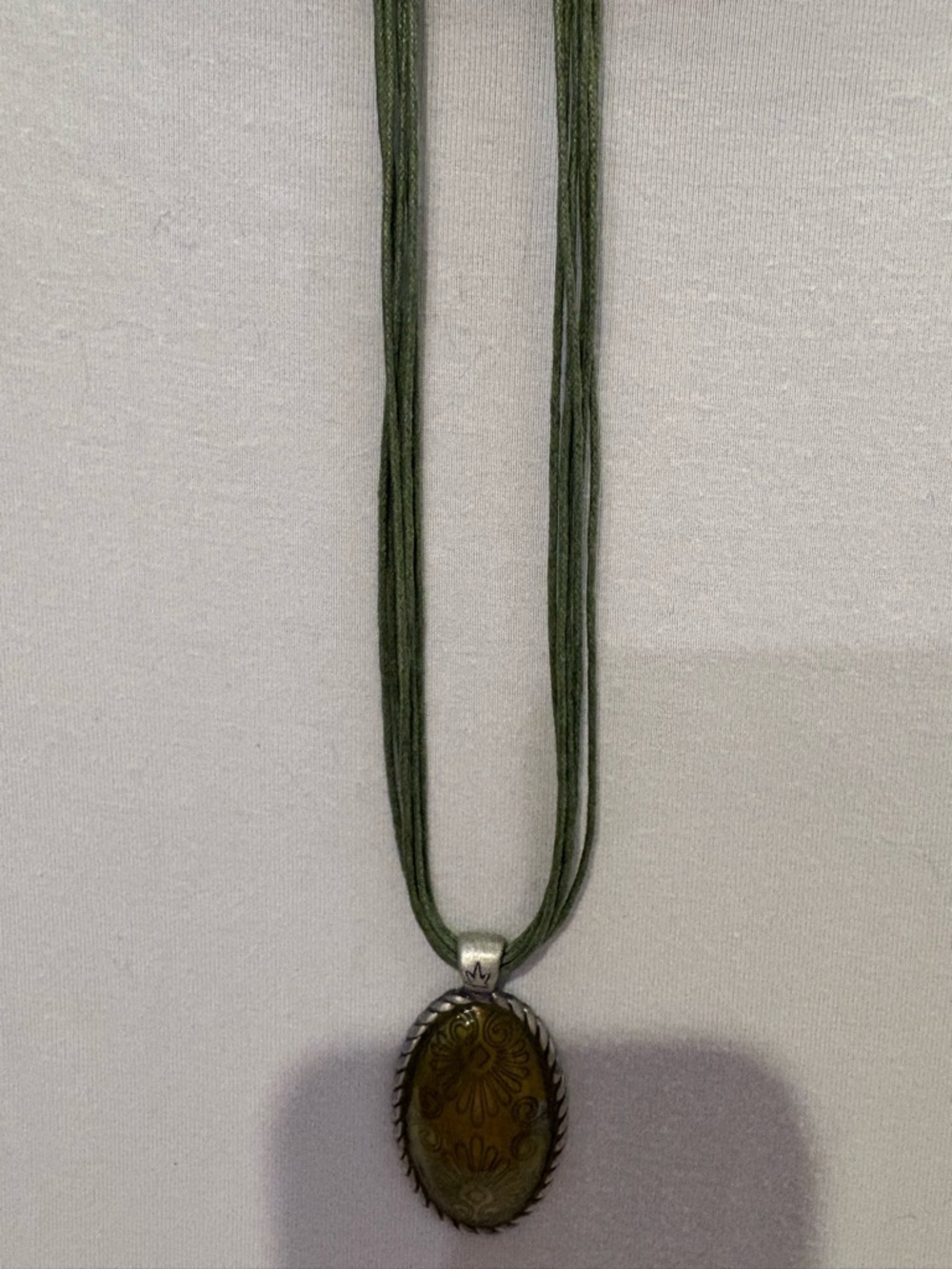 Green Cord Necklace with Ornate Olive Pendant